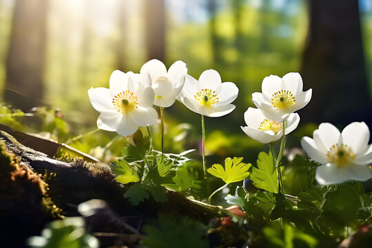 flowers in the forest Beautiful white flowers of anemones in spring in a forest close-up in sunlight in nature. Spring forest landscape with flowering primroses.