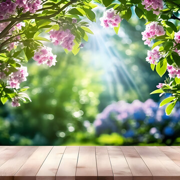 spring background with flowers spring flowers on wooden background - Spring beautiful background with green lush young foliage and flowering branches with an empty wooden table on nature outdoors in s