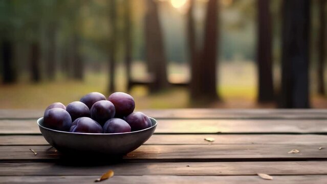 A bowl of purple plums sits on a wooden table. The scene has a peaceful and serene atmosphere, with the plums adding a touch of color