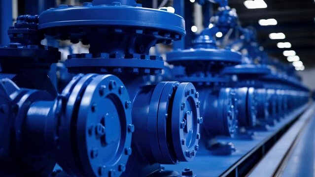 A row of blue valves are lined up in a factory. The valves are blue and have a metallic look