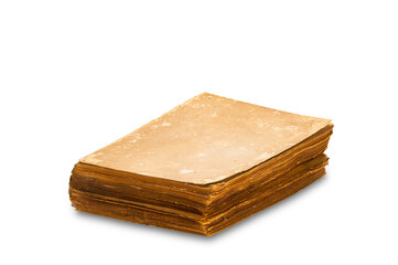 High angle view of old dirty closed book isolated on white background with clipping path.