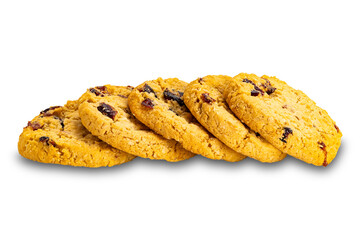 Pile of circular crispy oat flakes and cranberry biscuits isolated on white background with clipping path.