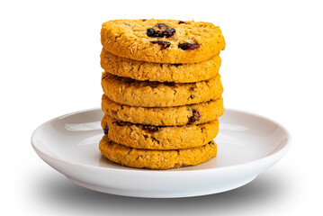 Stack of oat flakes and cranberry biscuit in white ceramic dish isolated on white background with clipping path.