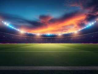 Vivid sunset sky above a sprawling soccer stadium, highlighting the calm before the storm of a grand match.