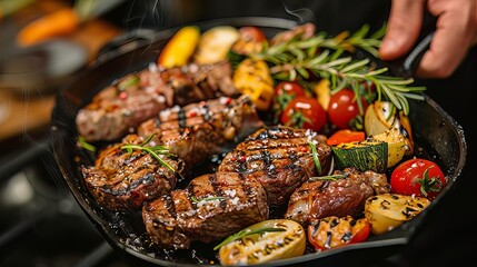A close-up shot capturing a chef's hand holding a grill pan filled with sizzling steaks and assorted vegetables 