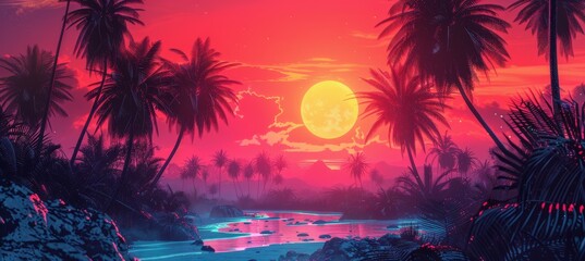 Sunset dawn palm tree. Purple pink colors. Generative AI technology.	
