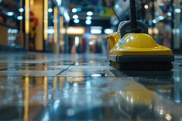 A low angle view of a yellow floor cleaning machine at work in a commercial space. - Powered by Adobe