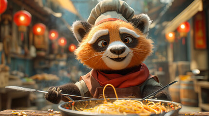 Experience the adorable sight of a red panda chef cooking spaghetti in a charming 3D style ,...
