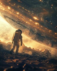 Alien spacecraft, space suits, observing extraterrestrial life from a distant planet, a momentous discovery for humanity, the vast cosmos stretching out, realistic, golden hour - obrazy, fototapety, plakaty