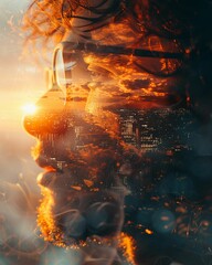 Digital Nomad, Virtual Reality, Roaming through a virtual realm, blending essence with technology, in a world where pixels and emotions intermingle Photography, Golden Hour, Double Exposure
