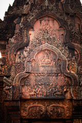 Close up to the beautiful carving of Banteay Srei Temple in Siem Reap, Cambodia