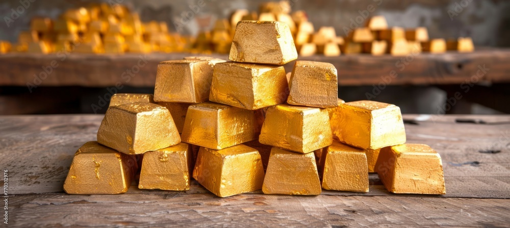 Poster Stack of gold bars. Generative AI technology.