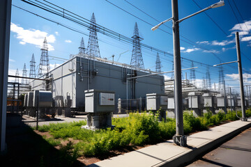 Fototapeta na wymiar View of a High Voltage Electrical Substation Showing Complex Network of Transformers and Power Lines