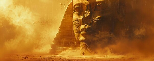 Sphinx, Stone Guardians, Mysterious creature guarding the entrance of an ancient pyramid, sandstorm, Realistic Painting, Silhouette Lighting, Vignette - obrazy, fototapety, plakaty