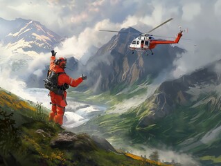 A mountaineer in a bright orange suit signals a flying rescue helicopter amidst dramatic mountain scenery.