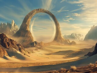 Surreal landscape with a colossal arch portal in a desert setting. - obrazy, fototapety, plakaty