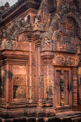 Close up to the beautiful carving of Banteay Srei Temple in Siem Reap, Cambodia