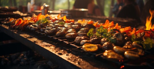 the vibrant atmosphere of an outdoor international food festival with a focus on a chef skillfully...