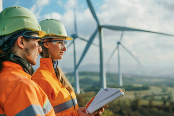 A man and a woman, both inspection engineers, are preparing and conducting a progress check of a wind turbine with safety measures in a wind farm - obrazy, fototapety, plakaty