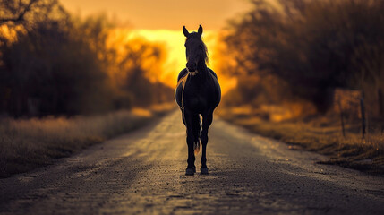  Against the backdrop of a golden sunset, a black horse stands proudly in the middle of a deserted road, its mane flowing in the breeze as it gazes into the distance, captured in vivid HD detai