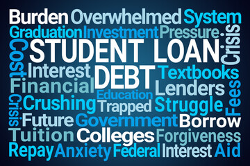 Student Loan Debt Word Cloud on Blue Background - 770304548
