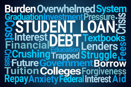 Student Loan Debt Word Cloud on Blue Background