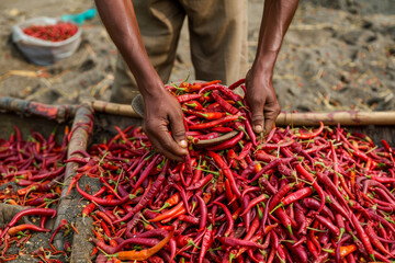 Harvesting thousands of vibrant red chili peppers under the scorching sun, ready to be sorted and delivered to spice companies in Sariakandi, Bogura, Bangladesh - obrazy, fototapety, plakaty