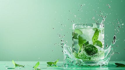 Mojito with mint and ice, Flying spray and mint. A vivid photograph of a refreshing drink, green background
