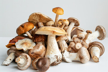 Assorted wild mushrooms from the forest on a white backdrop