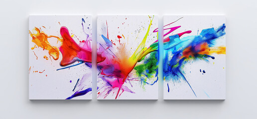 three panel wall art, marble background with blast holi colorful	