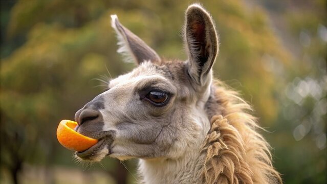 Close-up: a llama eating an orange.Funny face of a llama eating an orange.An unusual photo: A llama eating an orange.Llama eating an orange: funny photo.An unusual diet: a llama eats an orange.
