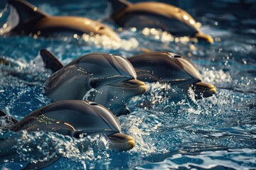 Dolphins gliding together through shimmering water, creating ripples and splashes. - obrazy, fototapety, plakaty