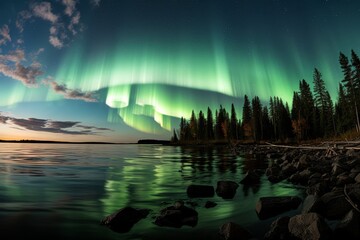the stunning natural light show of the aurora borealis against a serene winter landscape, conveying a sense of wonder and tranquility.