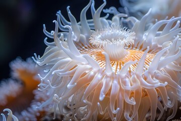 A close-up of a sea anemone with intricate, delicate tentacles.