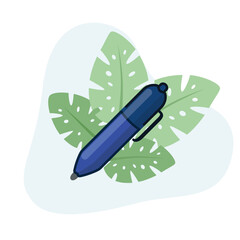 Pen flat vector Illustration icon decorated with leaves for web use for business, idea, write, tool, supplies, sketching.