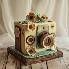 A charming vintage camera cake perfect for photography lovers