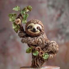 An endearing sloth cake hanging from a tree branch made of chocolate