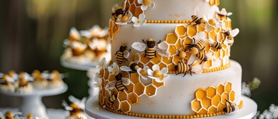 A charming bee and honeycomb cake with hexagon patterns and adorable bee decorations