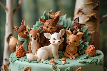 A charming woodland creatures cake decorated with edible fondant forest animals