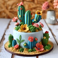 A cute cactus cake set in a fondant desert scene complete with colorful flowers
