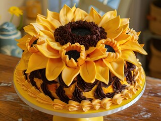 A cheerful sunflower cake with layers of yellow petals and a dark chocolate center