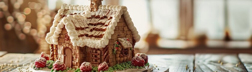 A cozy cottage cake with intricate icing details mimicking bricks and a thatched roof