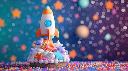 A cute space rocket cake blasting off into a galaxy of star sprinkles and cosmic colors