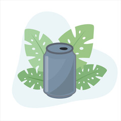 Can flat vector Illustration icon decorated with leaves for web use for canned, aluminium container, drink, recycling, soda