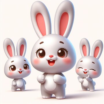 Three white rabbits with pink ears close-up, animated picture, 3D