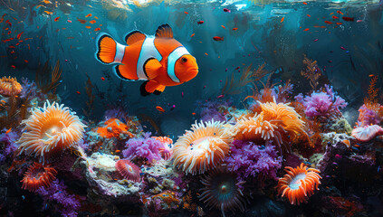 Fototapeta na wymiar A clown fish swimming among anemones in the ocean, with purple and orange corals. Created with Ai