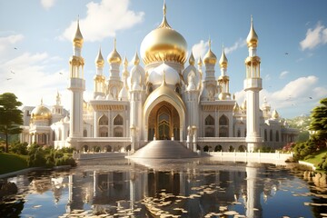 Fototapeta na wymiar Majestic Opulence: A 3D White and Gold Mosque