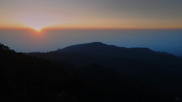 Time lapse of beautiful sunrise over hills with tea plantations in Sri Lanka.