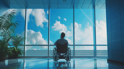 Fototapeta na wymiar a man in a wheelchair walking down a corridor at a hospital