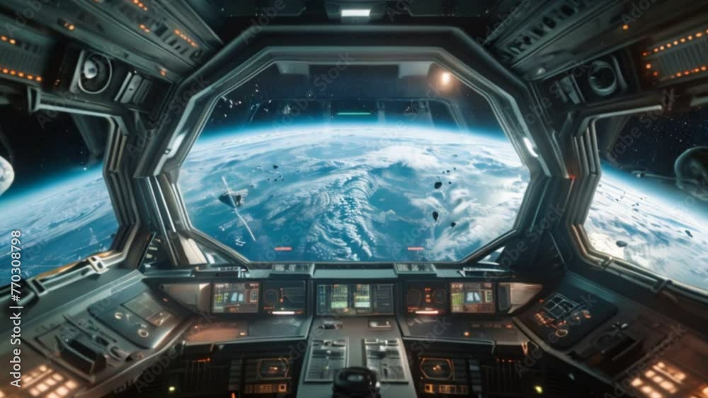 Wall mural inside a spaceship with a 3d view of space and planet earth